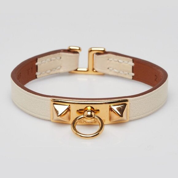 Hermes Craie Leather and Gold Plated Mini Rivale Bracelet Size T1 - Picture 1 of 7